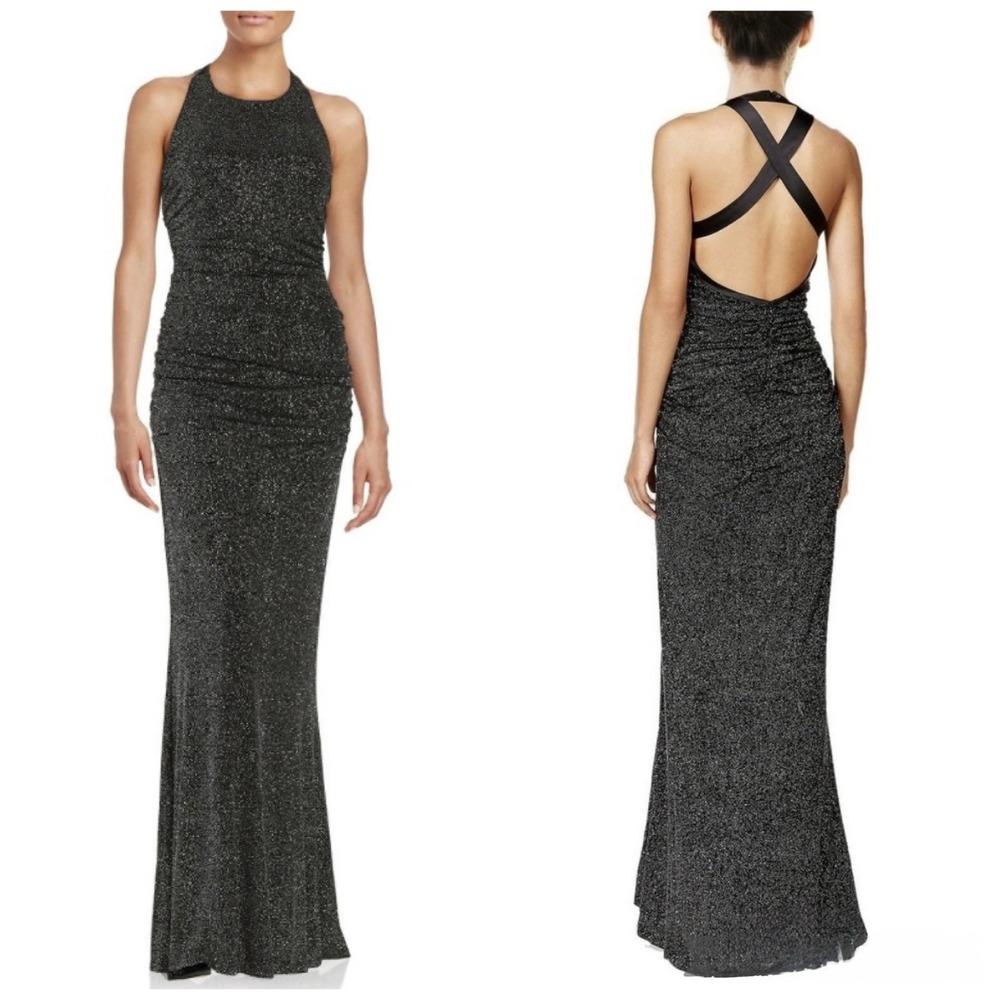Calvin Klein Ruched Black Glitter Cross Open Back Halter Evening Gown Size 12